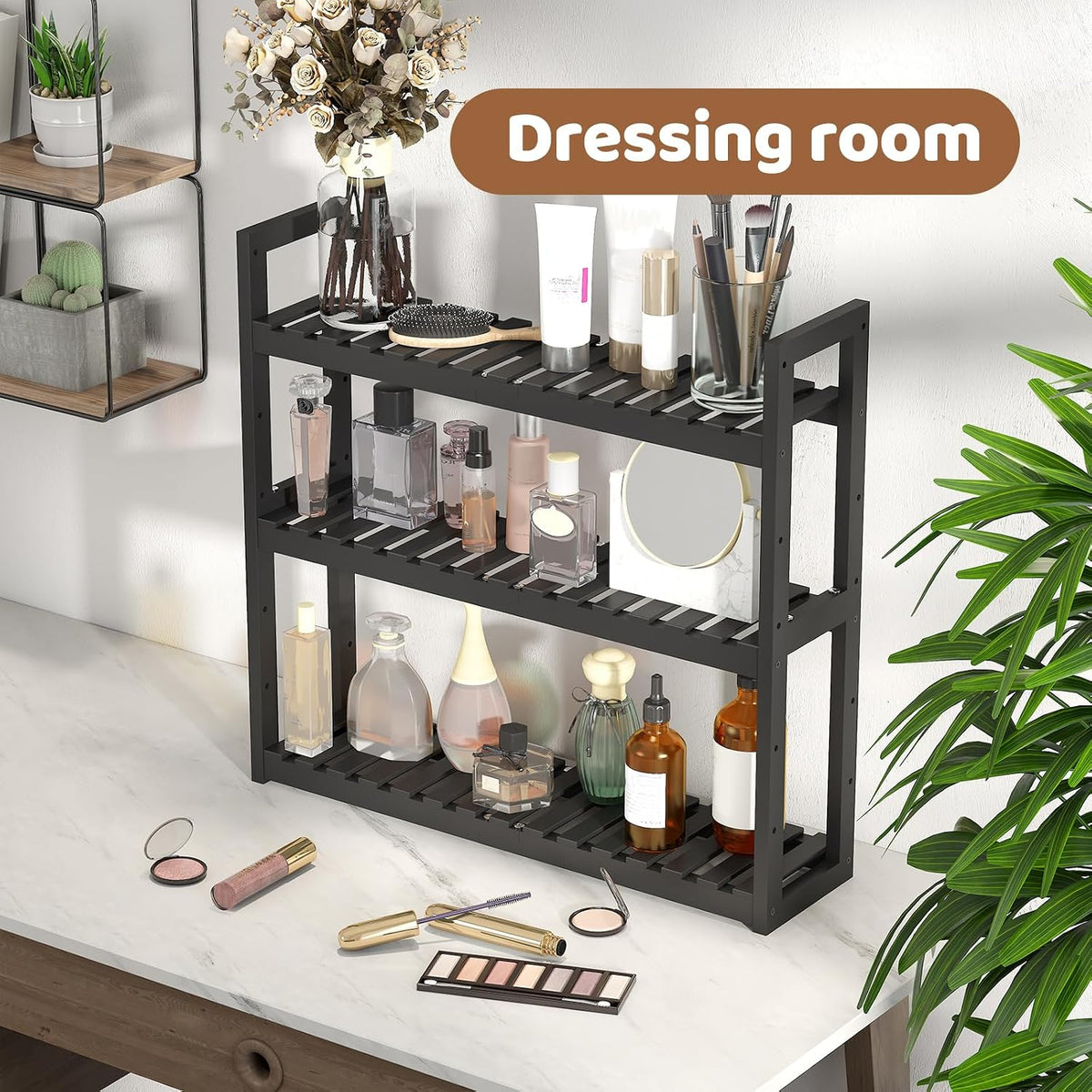 Bathroom Shelf Bamboo Organizer Rack Adjustable 3-Tier Storage Shelf Wall Mounted Storage Rack Over The Toilet Utility Shelves Living Room Kitchen Shelf(Black)