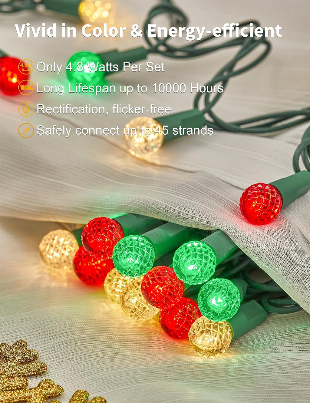 BOHON Christmas Lights String 17FT 50 LED Faceted G15 Red White and Green
