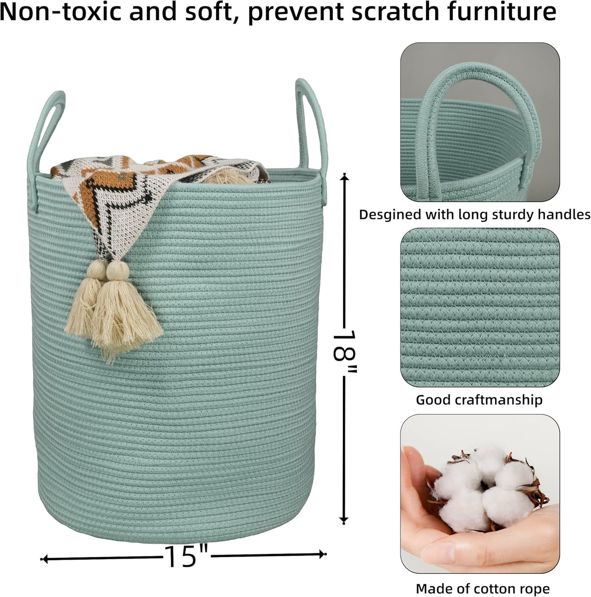 XUANGUO Cotton Rope Laundry Basket Hamper for Clothes Large Light Green