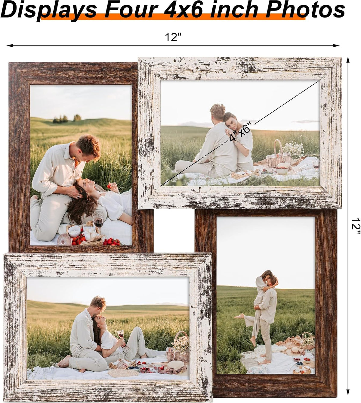 YESKAY 4x6 Collage Picture Frames, Multi Family Photo Frame with Real Glass, Displays Four 4x6 Photo, Wall Decor Wall Hanging or Tabletop, Distressed White+Rustic Brown