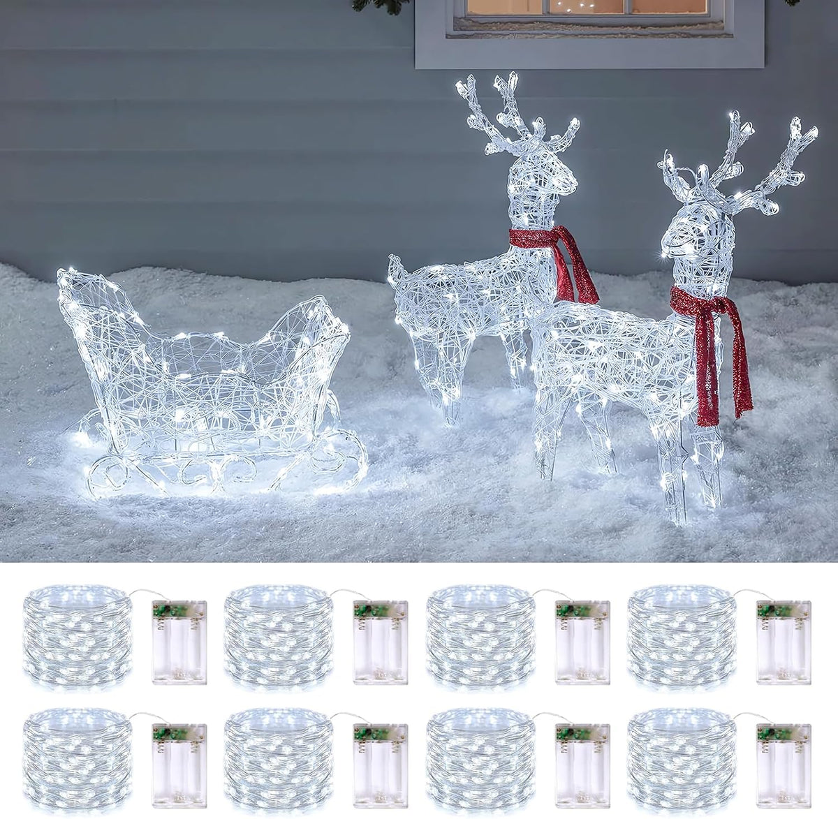 JMEXSUSS 8 Pack 50 LED White Christmas Lights Battery Operated