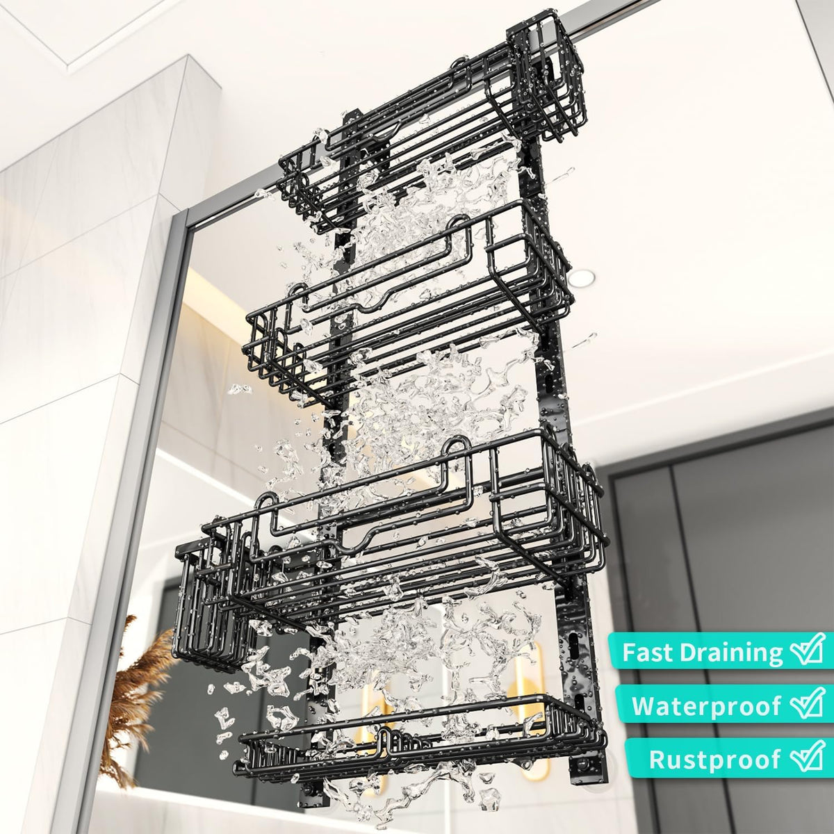 HapiRm Over the Door Shower Caddy - 4-Tier Hanging Shower Organizer with 22 Hooks and 2 Toothbrush Holders, No Drilling Adjustable Hanging Shelves for Bathroom - Black (Pack of 2)