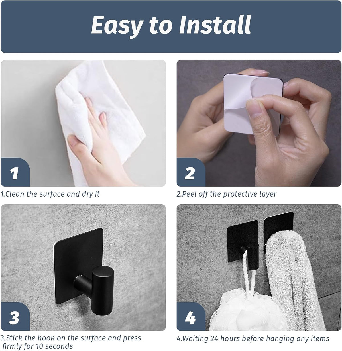 Rise age Adhesive Hooks, Adhesive Towel Hooks for Shower Wall Black 4 Pcs
