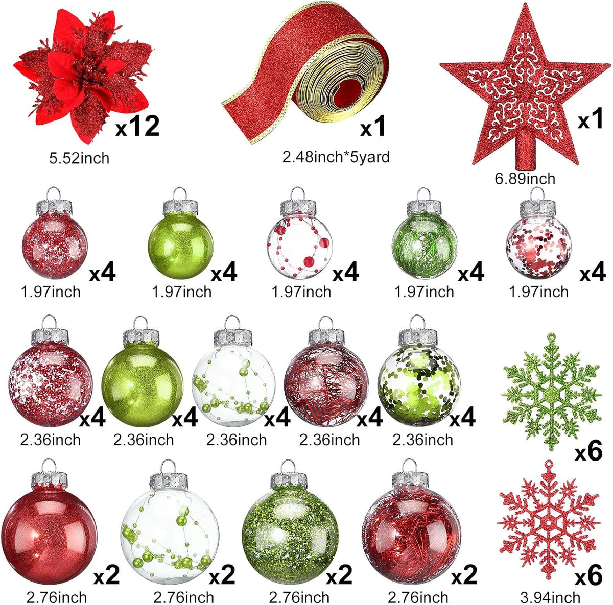 Jenaai Green Red 74 Pcs Christmas Ball Ornaments Tree Decorations