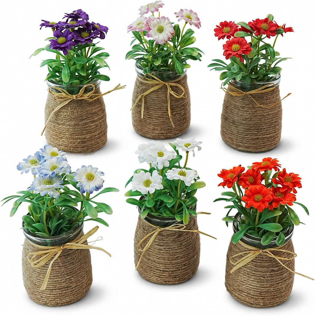 6pcs Artificial Daisy Fall Flowers in Small Glass Container