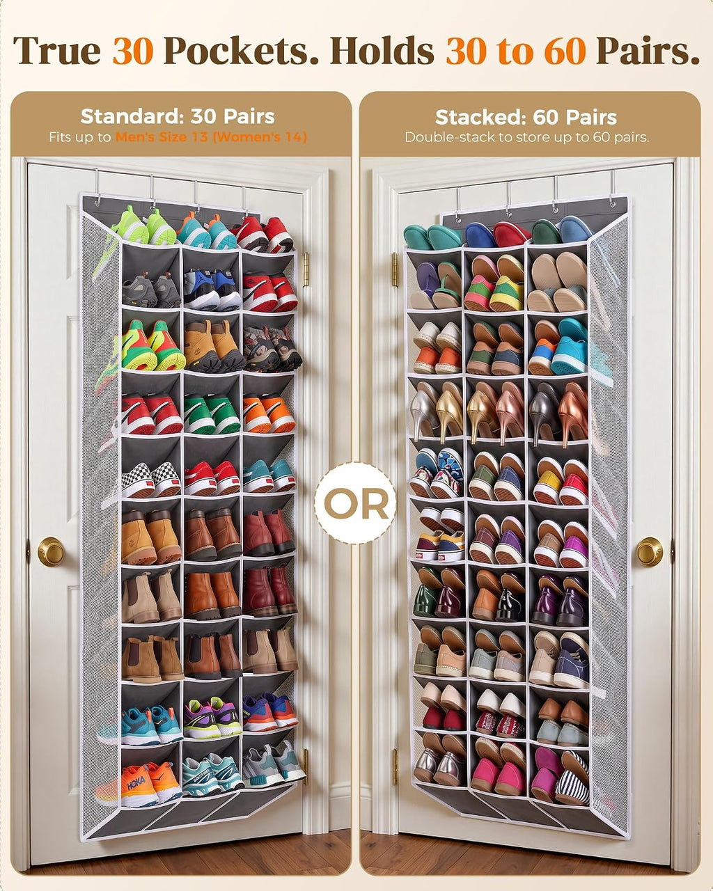 30-60 Pair Over Door Shoe Organizer, 26" Extra Wide Shoe Storage Rack(Grey)