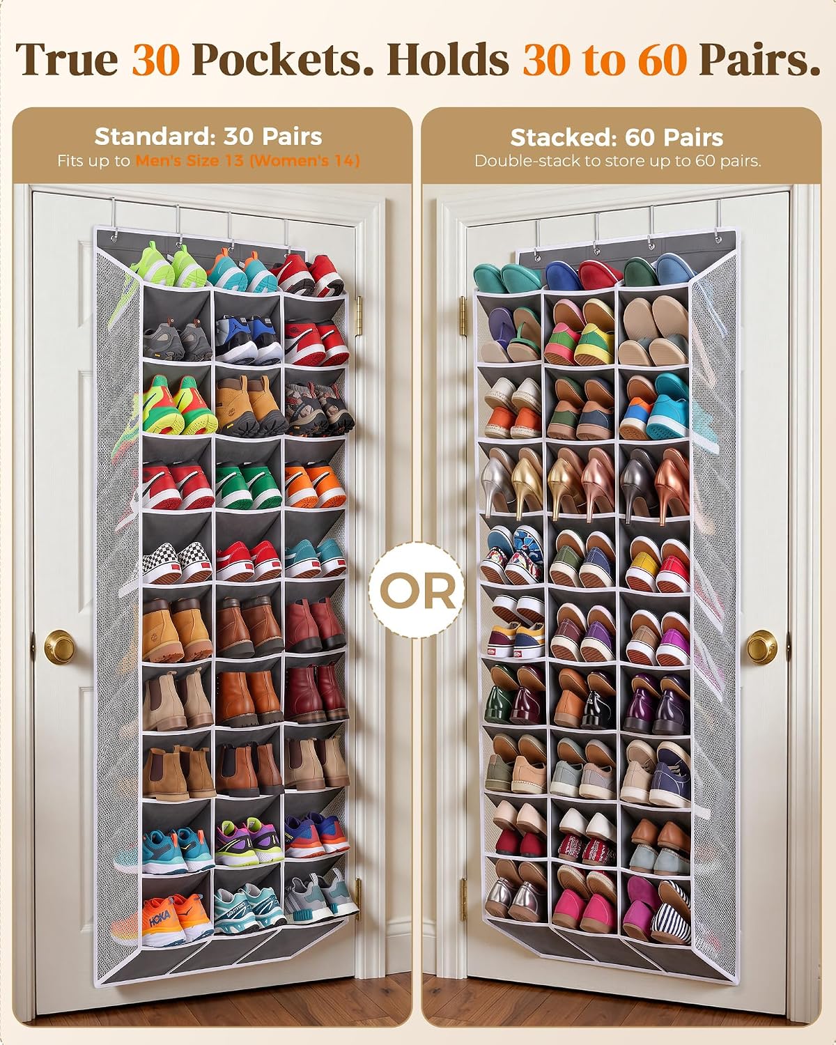 30-60 Pair Over Door Shoe Organizer, 26" Extra Wide Shoe Storage Rack(Grey)
