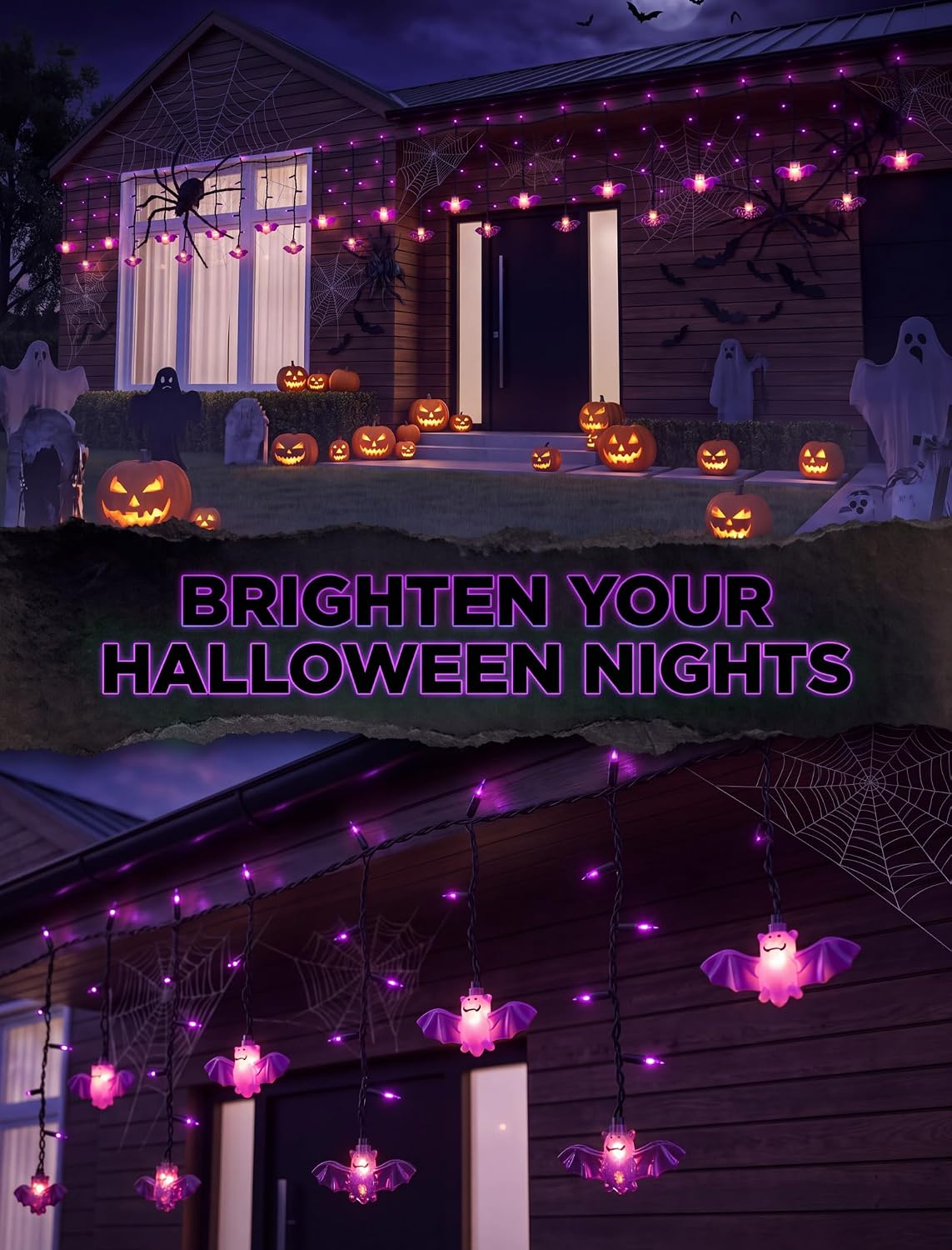 SUNSGNE Halloween Bat Curtain Lights, 7FT 50 LED Purple Window Decor