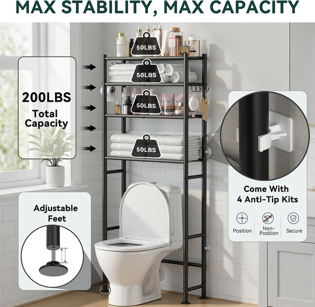 GloTika 4-Tier Over The Toilet Storage Shelves, Black
