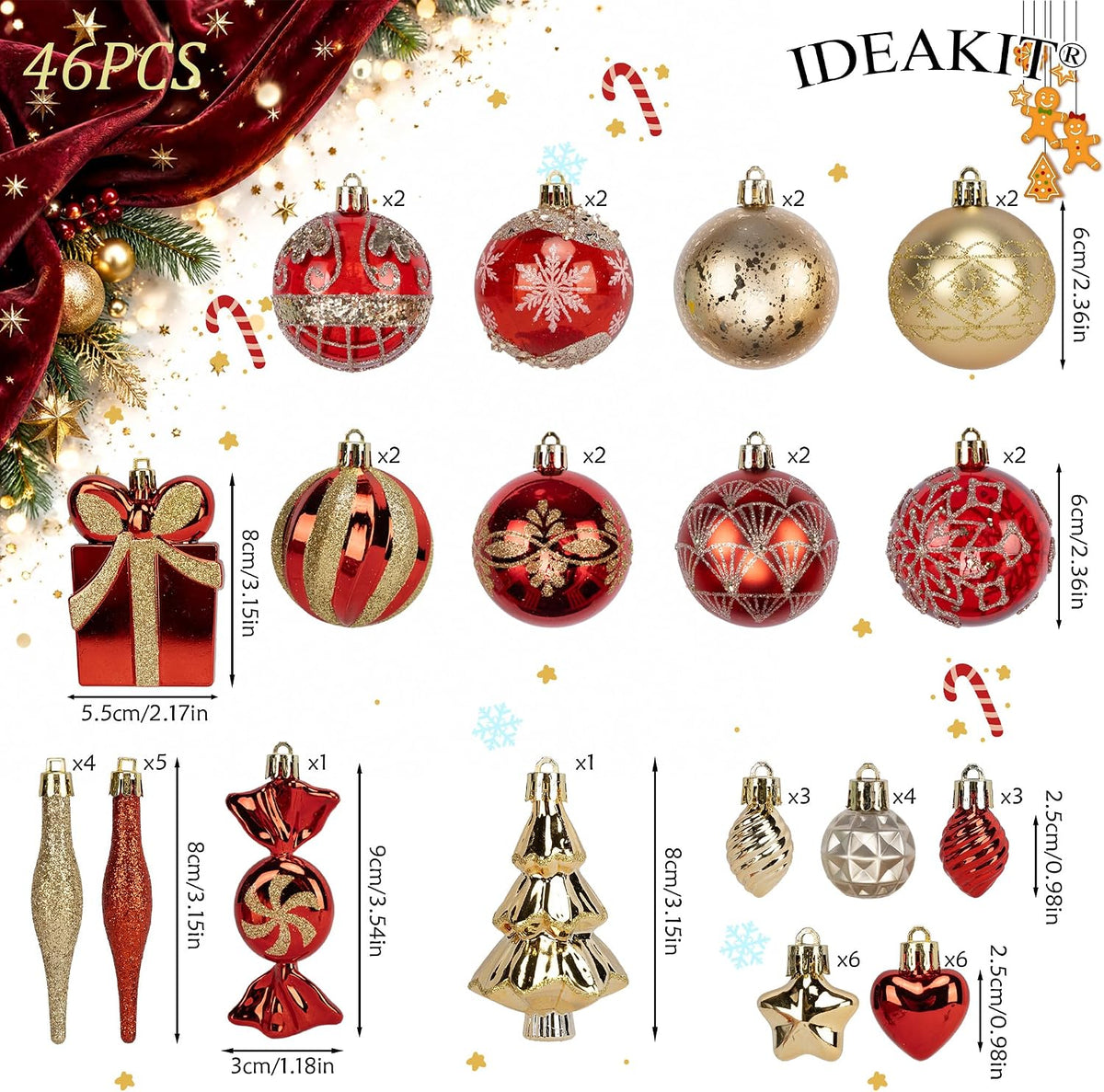 46PCS Christmas Ornament Set, Red and Gold Christmas Tree Decor