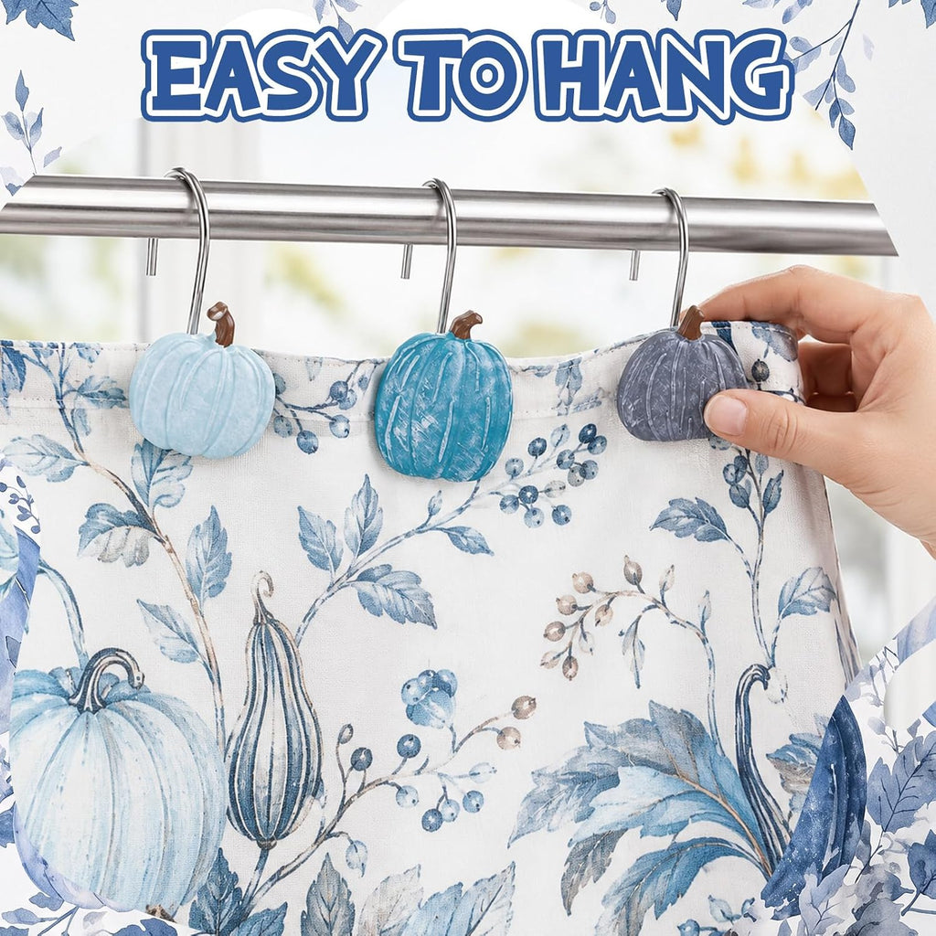 Weysat 12 Pcs Blue Pumpkin Fall Shower Curtain Hooks Bathroom Decor