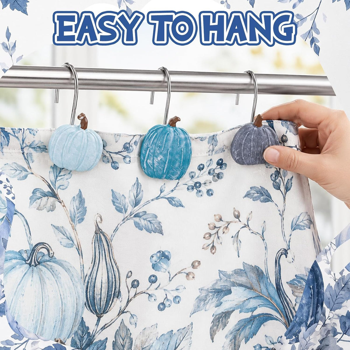 Weysat 12 Pcs Blue Pumpkin Fall Shower Curtain Hooks Bathroom Decor
