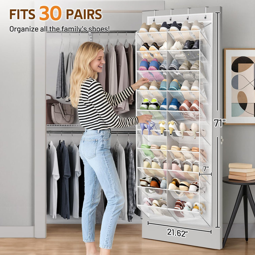 MISSLO 20-30 Pairs Over the Door Shoe Organizer Breathable Mesh Hanging Shoe Rack for Closet Storage with Wide Deep Pockets 10 Tier Shoes Holder Fit All the Family's Sneakers, Boots, Heels