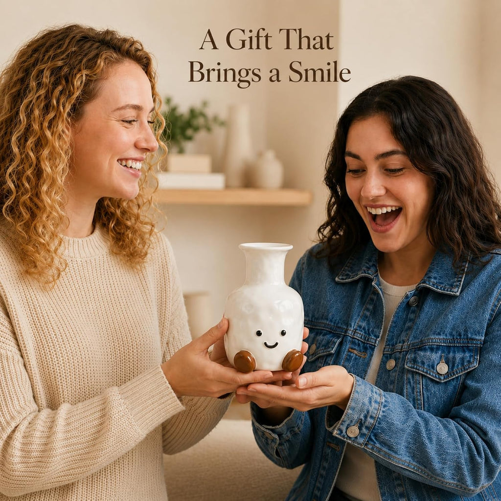 Cute Flower Vase, White Ceramic Smiley Face Vase for Home Decor & Gifts