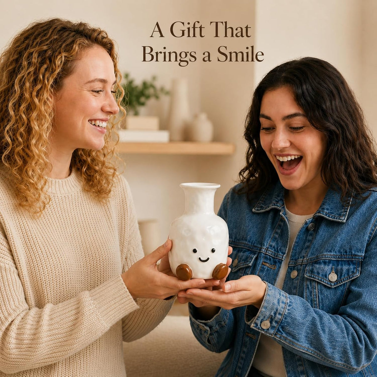 Cute Flower Vase, White Ceramic Smiley Face Vase for Home Decor & Gifts