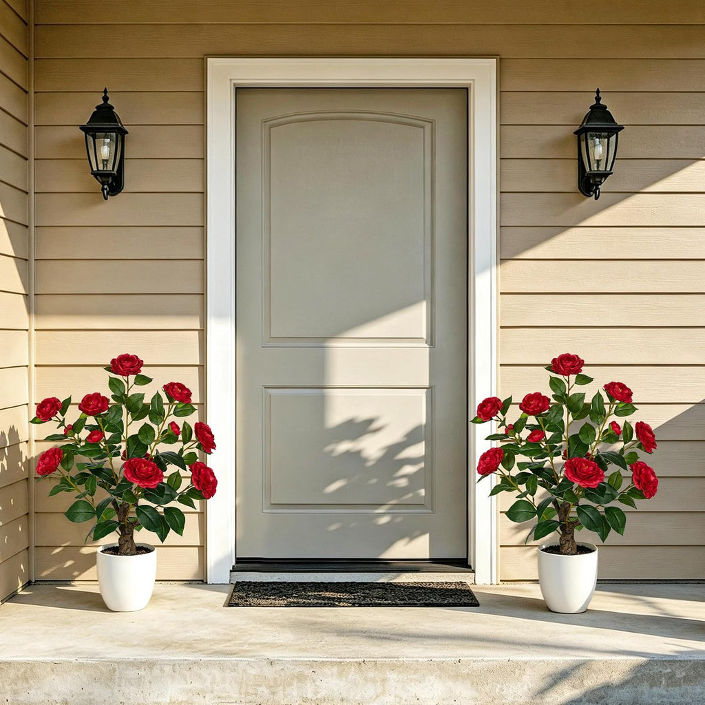 Hollyone Red Artificial Camellia Tree 23.6" Flower Plants Artificial Tree Small Faux Camellia Plant in Pot Greenery Potted Plant for Indoor Outdoor Porch Front Door Office Home Decor