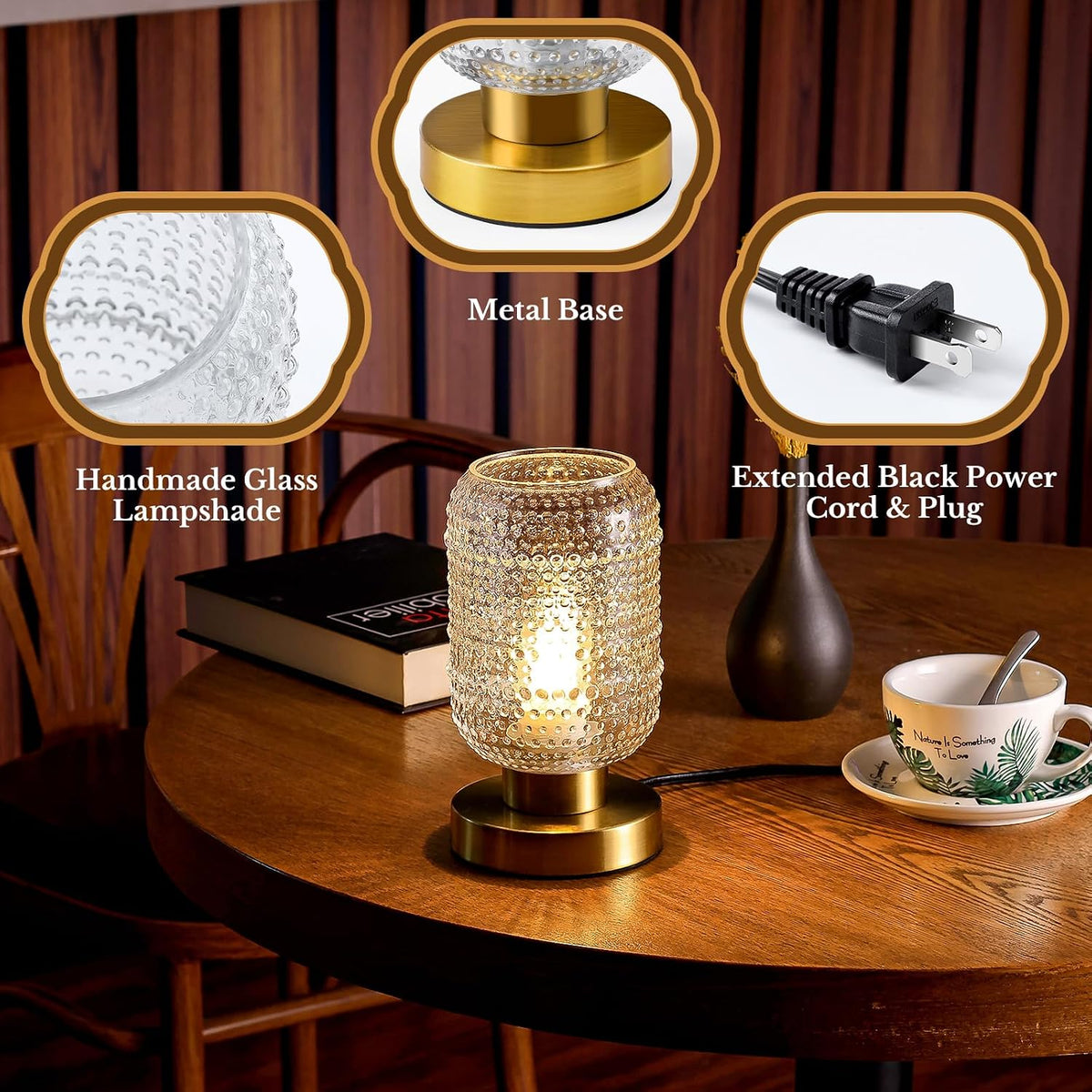 ZYER 8.9in Clear Table Lamp, Touch Control Bedside Lamp Small Vintage Lamp