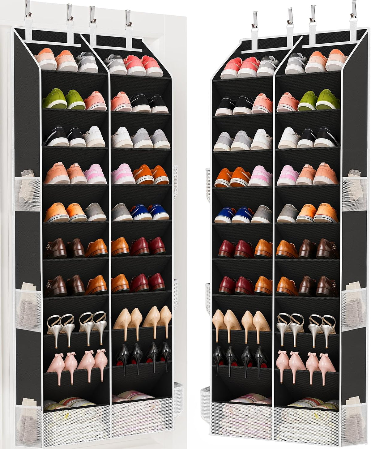 Criusia Over the Door Shoe Organizer, 20-30 Pairs Heavy-Duty Hanging Shoe Storage with Large Pockets, 10-Tier Door Shoe Rack with 4 Hooks for Sneakers Sandals Heels Boots (2 Pack, Black)