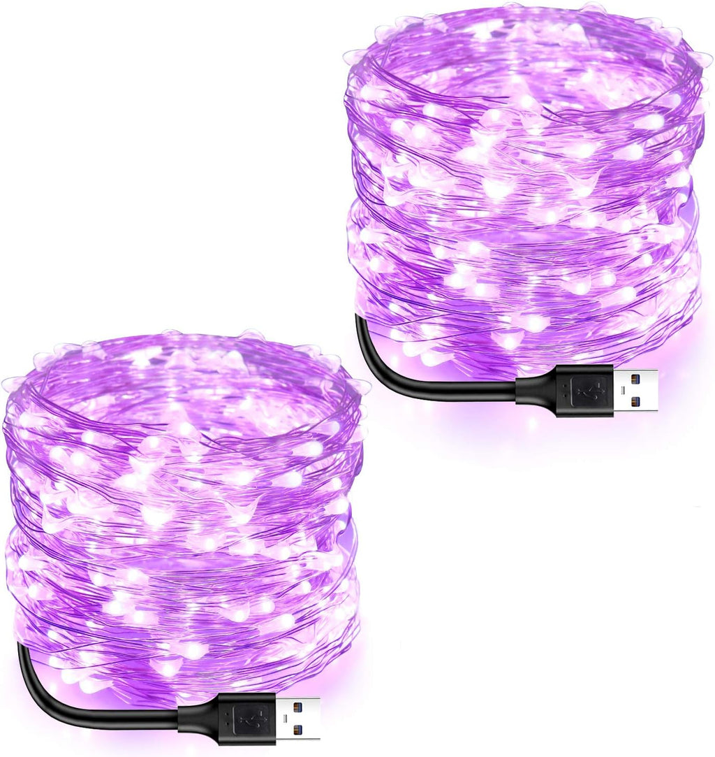 Blingstar USB Powered Fairy Lights, 2 Pack 33Ft 100 LED, Flexible Silver Wire, Mini String Lights for Christmas Tree/Halloween/Bedroom/Camping/Holiday Decoration, Purple