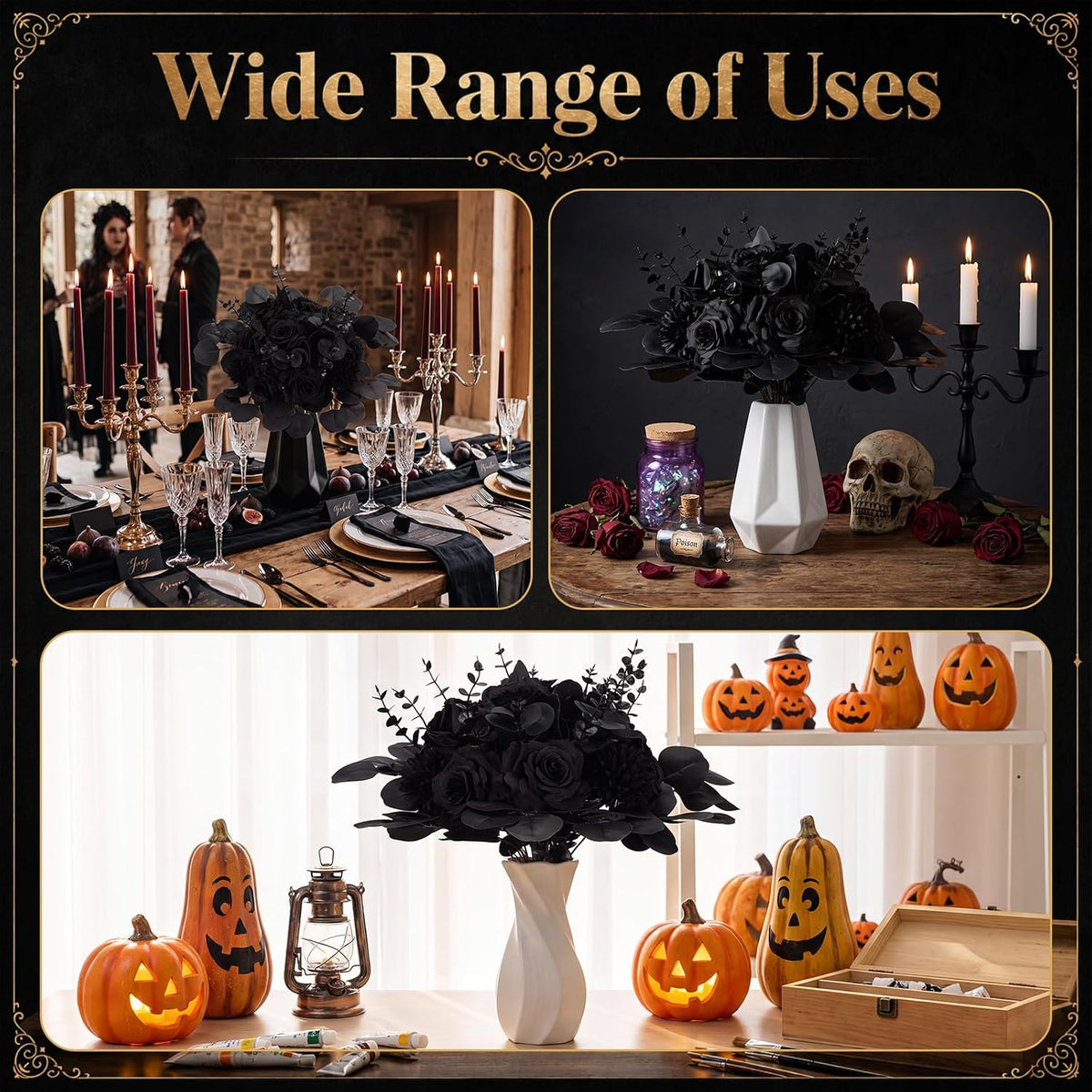 120 Pcs Black Artificial Eucalyptus Stems and Faux Flowers, Halloween