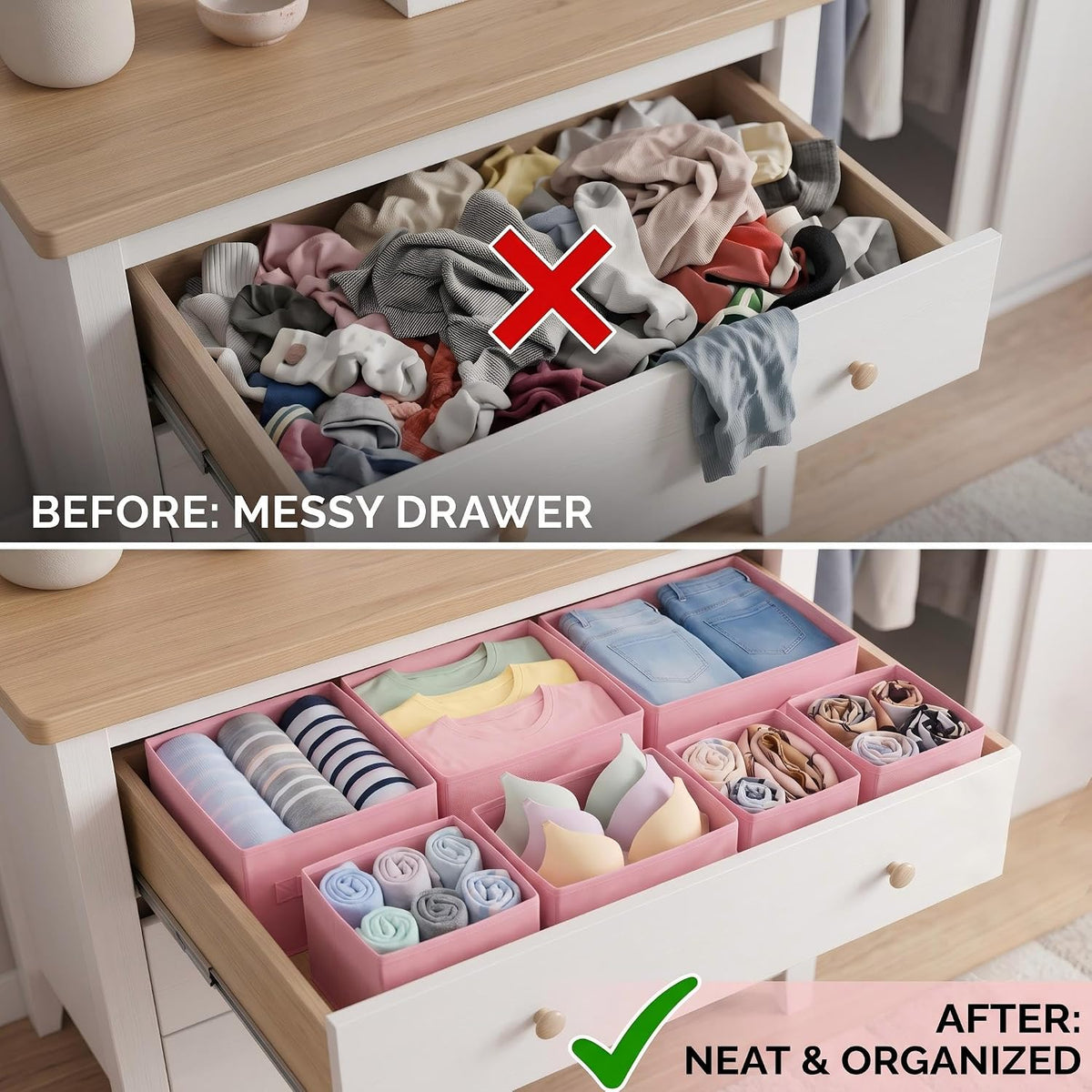 Drawer Organizer for Clothes, 8 Pack Pink Fabric Dresser Organizer Bins