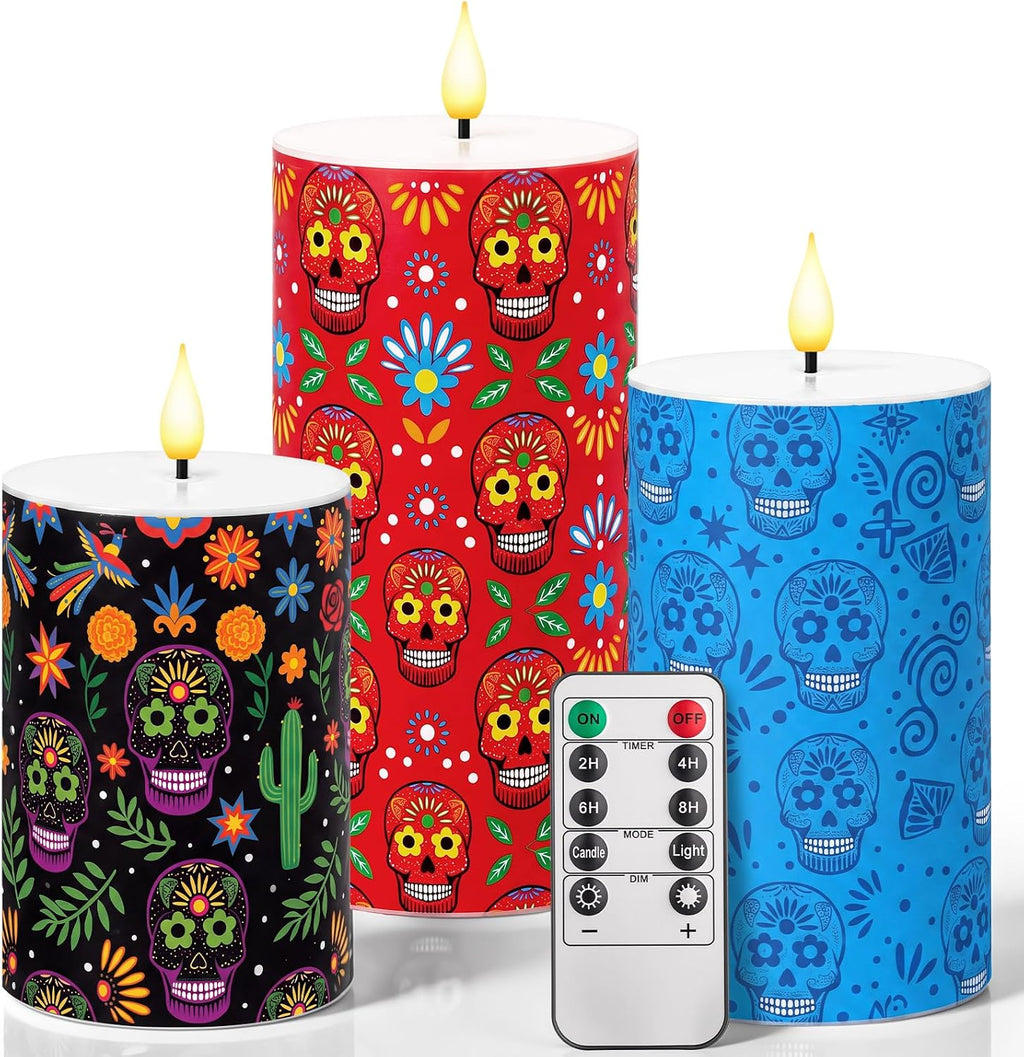 3 Pcs 4/6/10" Flameless LED Candles with Remote, Battery Operated, Skull