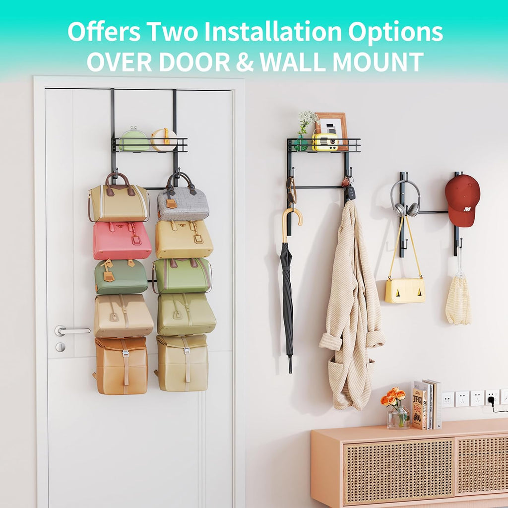 HapiRm Over The Door Purse Organizer - Wall Mounted Purse Rack with 10 Hooks and Metal Basket, Hanging Handbag Organizer Holds up to 10 Bags, Bag Rack Can Use As 1/2 Part, for Door, Closet (Black)