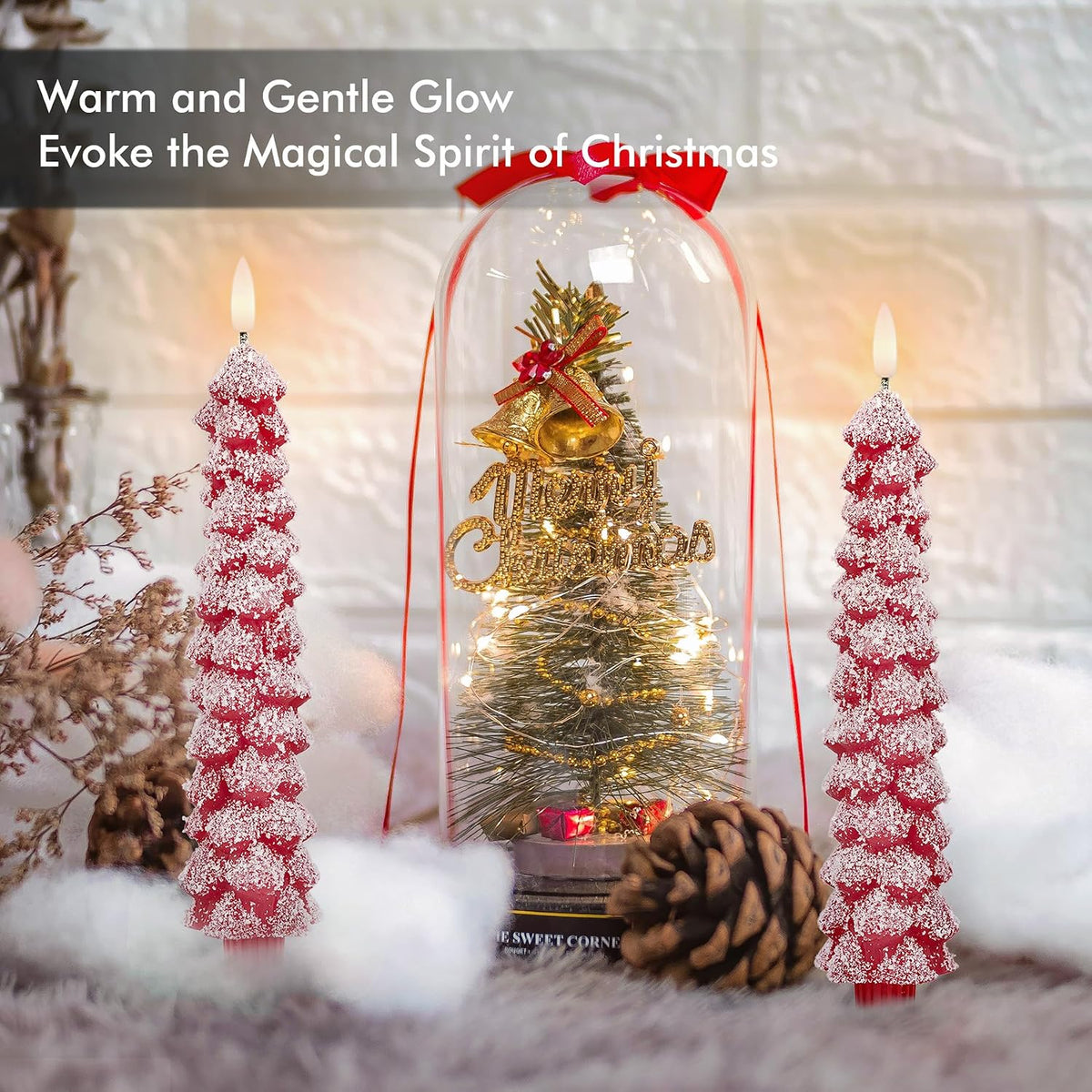 Fanna Red Christmas Tree Candles with Remote Realistic Snow Covered, Flameless LED Taper Candles in Real Wax with Timer for Winter and Christmas - H 9.8" - Set of 2