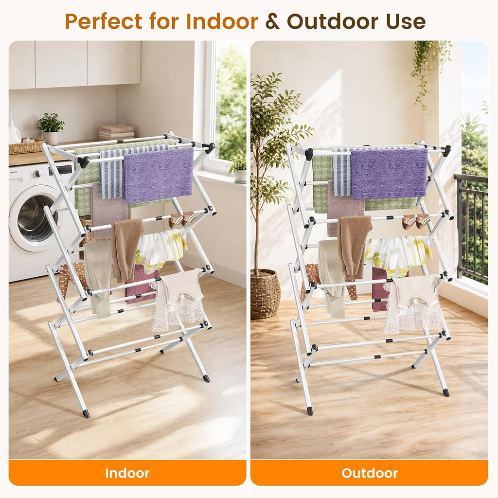 4-Tier Foldable Clothes Drying Rack, Adjustable Width 16.3"-27.95", Heavy Duty Stainless Steel Laundry Drying Rack Holds Up to 60 lbs, No Assembly, Space-Saving Indoor & Outdoor Drying Rack
