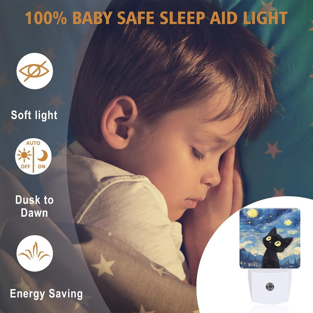 Night Lights Plug into Wall, Starry Night Black Cat Night Light with Dusk to Dawn Smart Sensor for Bedroom Bathroom Hallway Kitchen, Led Nightlights for Boys Girls Women Men