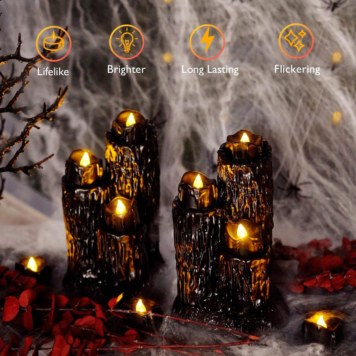 Homemory 24Pack Halloween Black Dripping Flameless LED Candles,1.58"x 1.2"