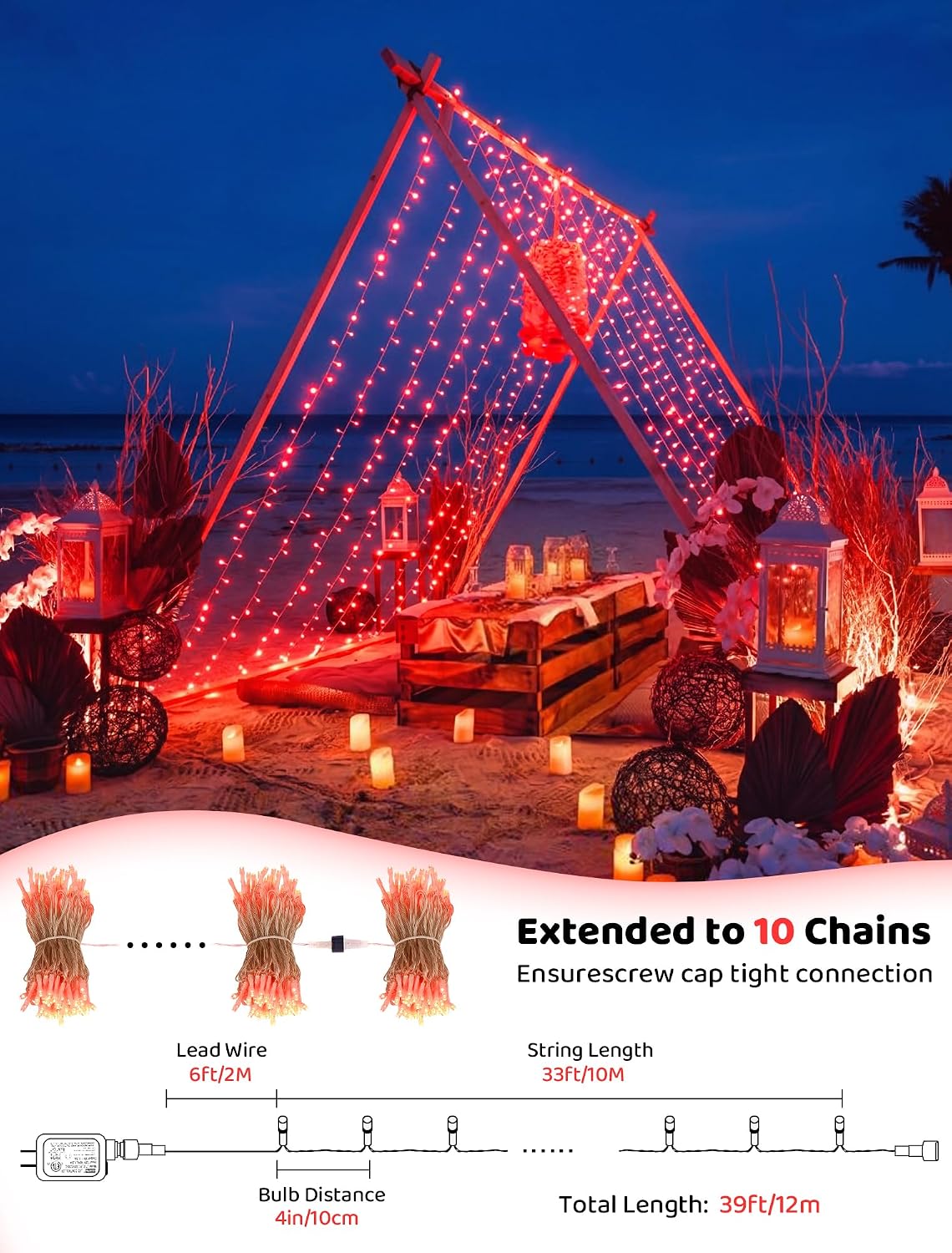 Hopolon Valentines Day Decorations String Lights, 33 FT 100 LED Red