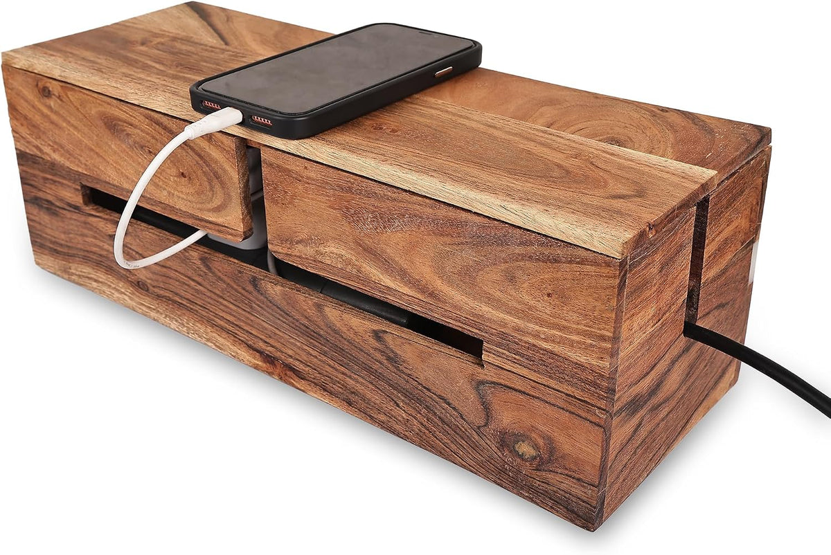 Acacia Wood & Epoxy Cable Management Box, 16X 6 X 5.5 Cable Hider Box, Cable Organizer Box Ideal for Under Desk Cable Management, Router Wires, Surge Protectors and adaptors | Turquoise