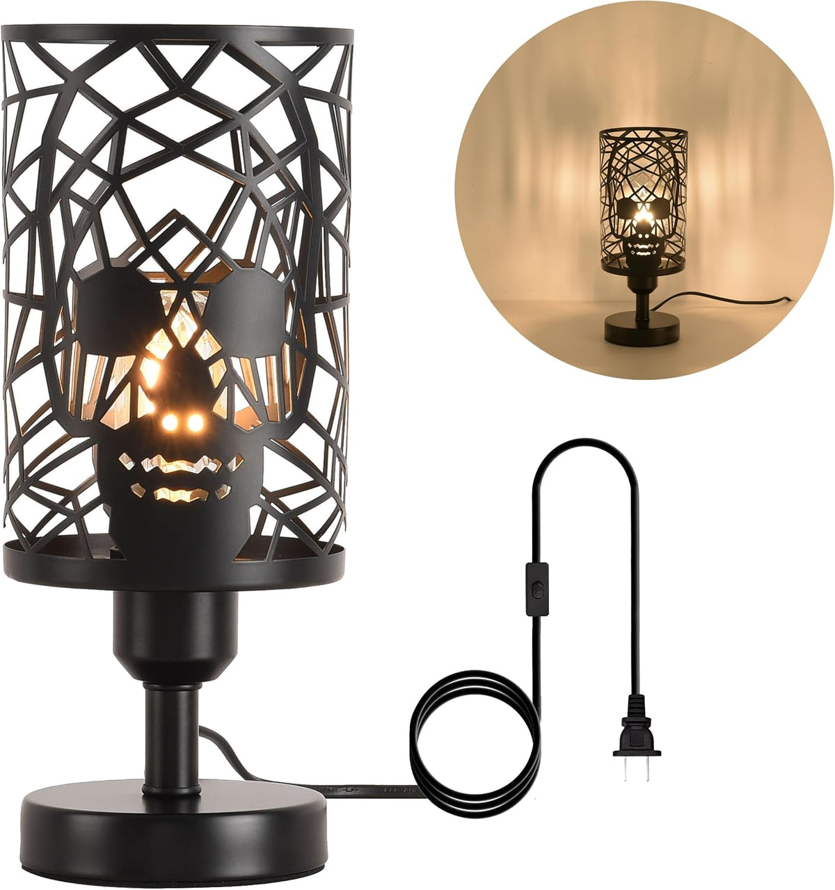 Skull Table Lamp with Plug-in Switch, Black Industrial Bedroom Lamp