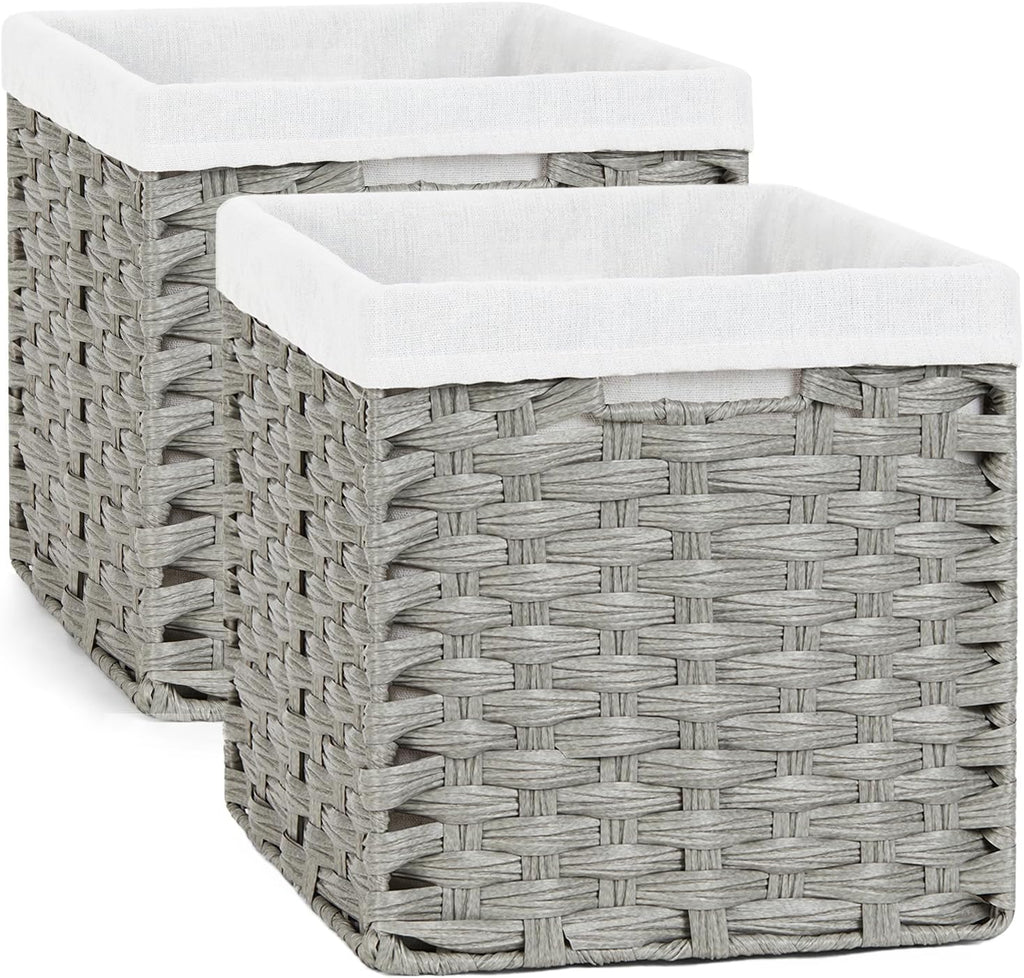 Bidtakay Wicker Cube Baskets with Liners Cube Storage Organizer for Shelves Closet 11 inch 2 Pack Decorative Hand-Woven Imitation Wicker Storage Bins for Organizing Pantry Bedroom Light Grey