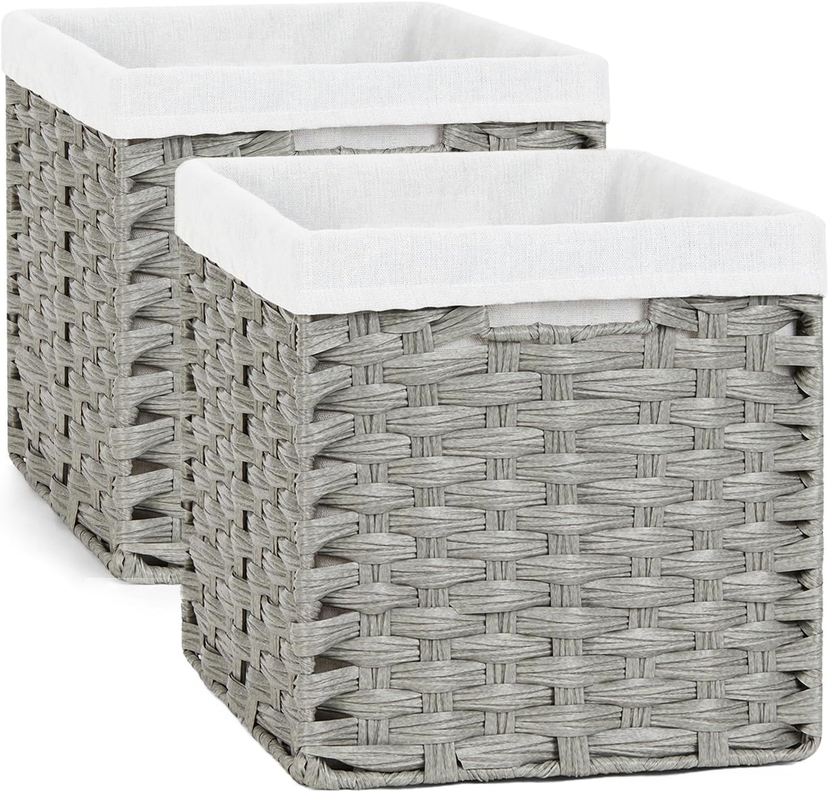 Bidtakay Wicker Cube Baskets with Liners Cube Storage Organizer for Shelves Closet 11 inch 2 Pack Decorative Hand-Woven Imitation Wicker Storage Bins for Organizing Pantry Bedroom Light Grey