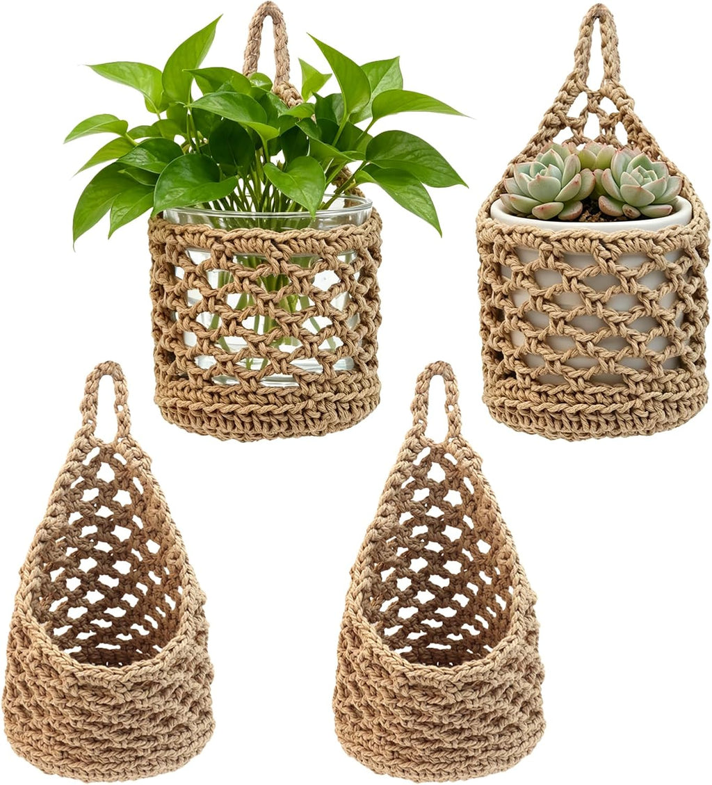 4-PCS 5 Inch Macrame Wall Plant Hangers, Small Wall Hanging Plant Holder for Up to 5 Inch Pot, Natural Cotton Rope Hanger for Indoor Plants & Daily Storage, Boho Home Decor