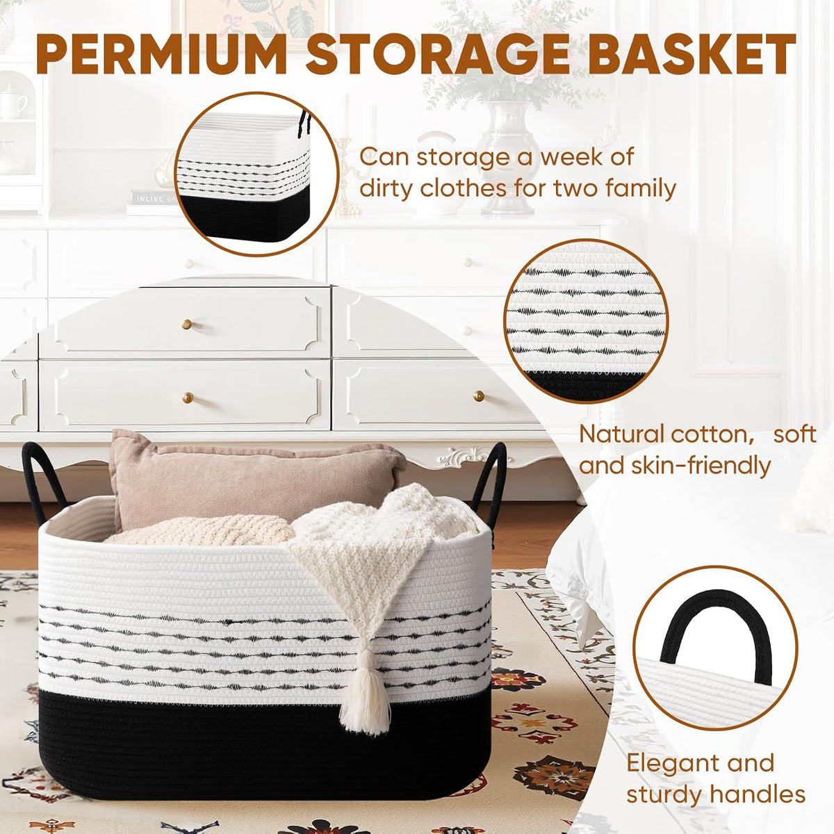 OIASKET 75L Large Cotton Rope Storage Basket, Soft Decorative Blanket Basket for Living Room & Bedroom, Boho Laundry Hamper with Handles Capable of Holding Pillows, Clothes and Toys-Black & White