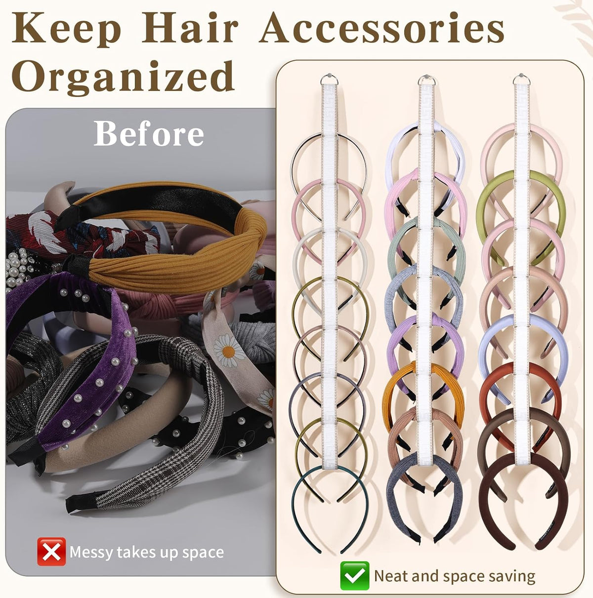 3 PCS Headband Holder Organizer for Girl,Hanging Hairband Storage for Women,Brown Hair Hoop Display Hair Accessories Organizer Bedroom College Dorm Decor (Cream textured)