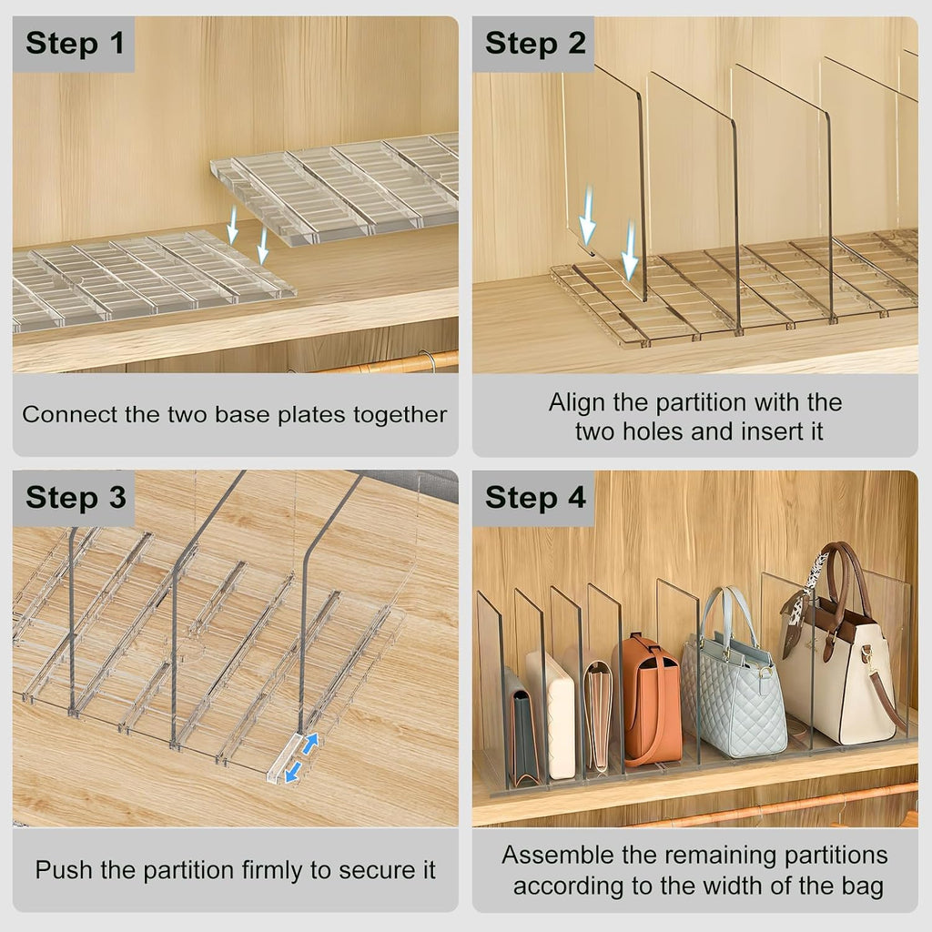 SortNStore Bag & Purse Organizer for Closet: Adjustable Clear Handbag Storage Shelf - Plastic Clutch Dividers for Closet Organizers and Storage - Keep Carteras & Pocketbook Upright (Pack of 3)