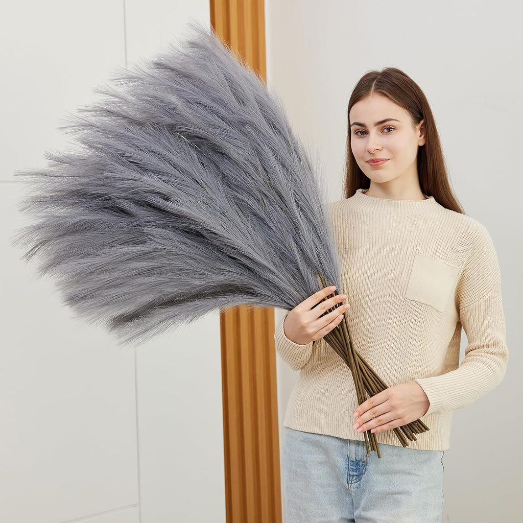 10 Pcs 39''/3.2FT Faux Pampas Grass Decor, Large Tall Fluffy Artificial Fake Flower, Bedroom Decor Boho Decor Pompas Floral for Vase Filler Farmhouse Home Wedding Decor (Grey)