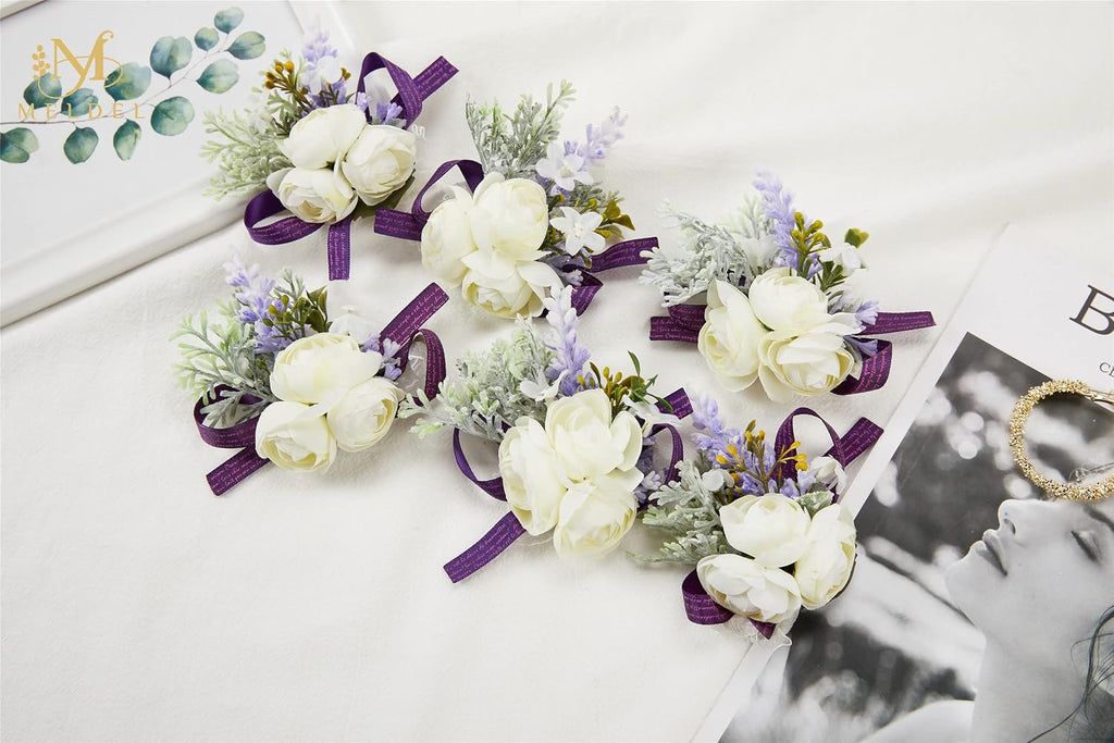 6Pcs White and Purple Artificial Silk Wrist Corsage for Wedding Prom