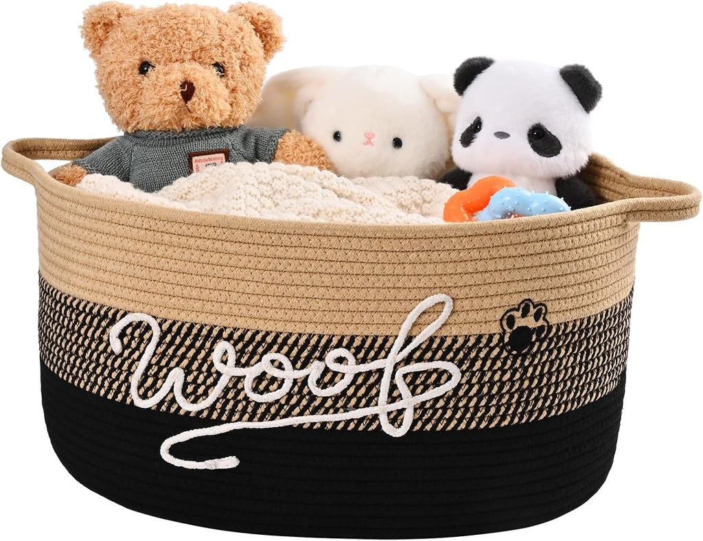 Woof Dog Toy Basket with Handles, Large Dog Toy Storage Bin with Paw Print, Woven Dog Basket for Blankets, Toys, Chews, Pet Toy Box for Nursery, Living Room, Bedroom, 20”x14”x9, Black