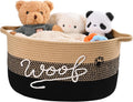Woof Dog Toy Basket with Handles, Large Dog Toy Storage Bin with Paw Print, Woven Dog Basket for Blankets, Toys, Chews, Pet Toy Box for Nursery, Living Room, Bedroom, 20”x14”x9, Black