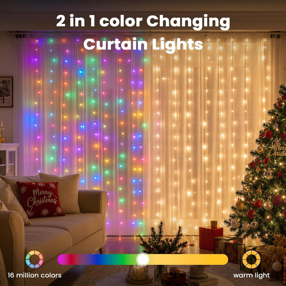 Twinkle Star 300 LED Dual Color Christmas String Curtain Lights, RGBW