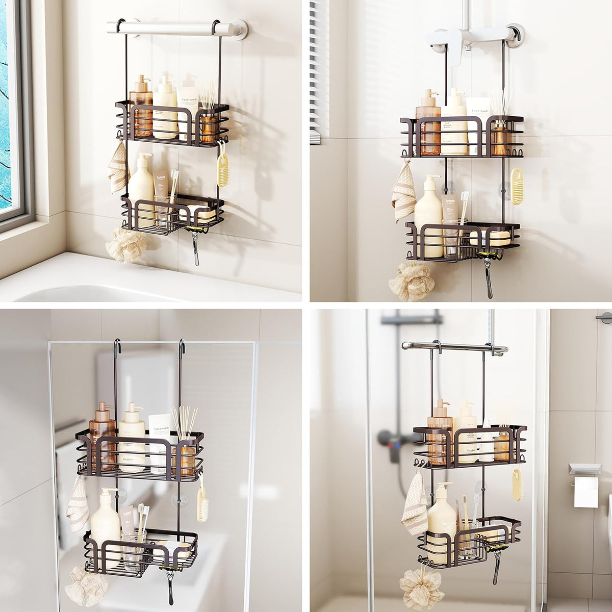 SWTYMIKI Shower Caddy Hanging Organizer - Over the Door Shower Caddy with Soap Holder, 11 Hooks, 2 Installation Ways, Stainless Steel Rustproof Bathroom Organizer, Bronze