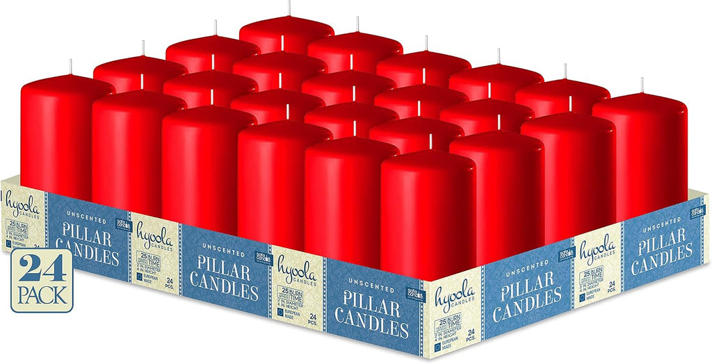 HYOOLA Red Pillar Candles 2-inch x 4-inch - 24 Pack Unscented Bulk Pillar Candles - European Made