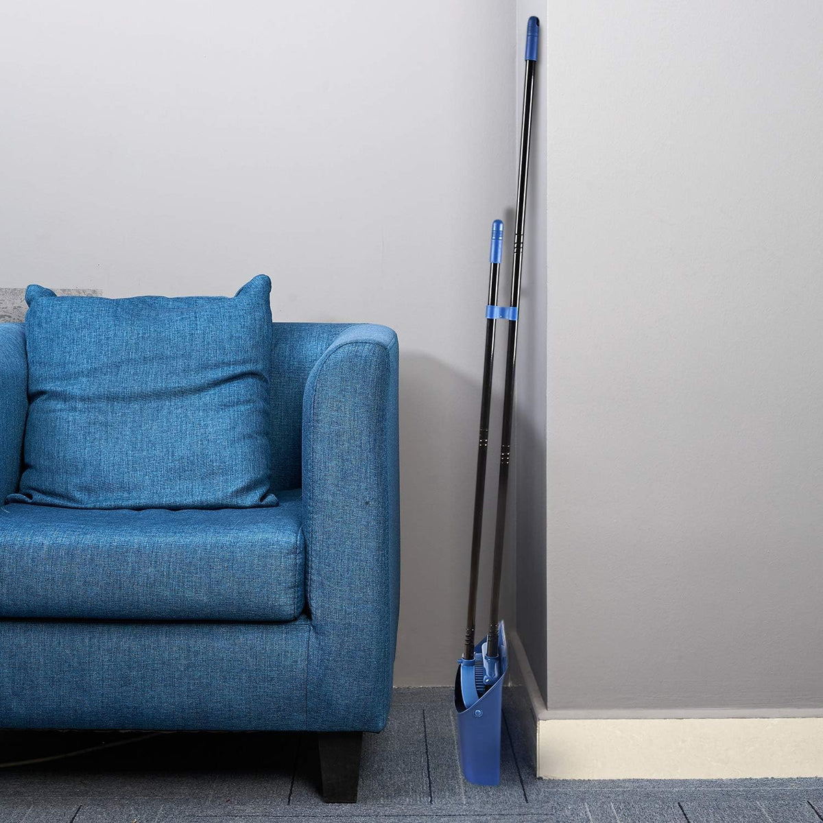 Long Handled Dustpan and Brush, Broom and Dustpan Set, Household Dust pan Combo with 54 Inch Handle for Indoor Outdoor Household Cleaning and Sweeping (Blue)