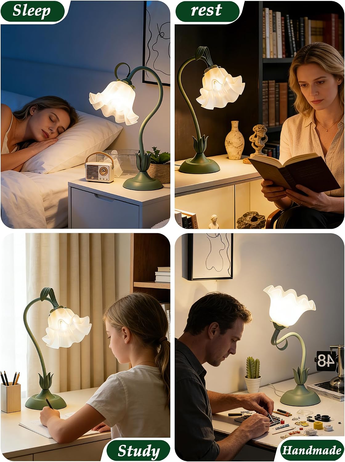 Bedside Table Lamp for Bedroom, Vintage Flower Table Lamps, LED Reading Light 3 Color Modes Bedside Lamps, Nightstand Lamp Kawaii Desk Lamps for Bedroom Living Room Home Decoration(Green lamp)