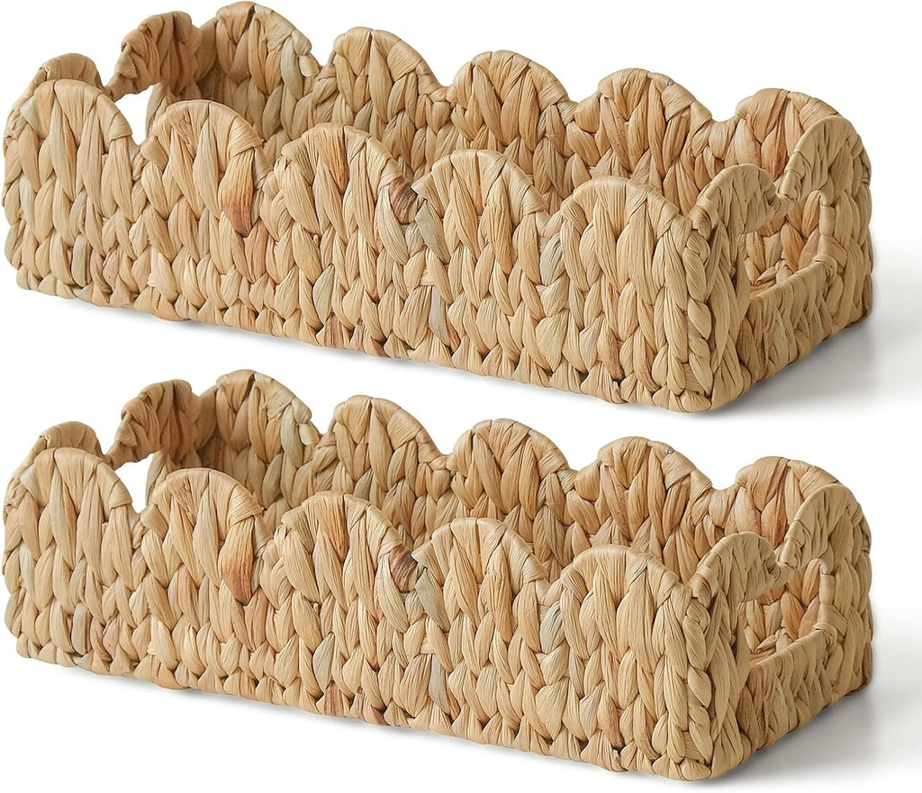 2 Pack Scalloped Water Hyacinth Toilet Tank Basket for Bathroom Decor
